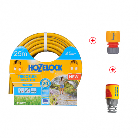 PACK - Tuyau d'arrosage de 25m diamètre 15mm Tricoflex ULTRAFLEX + Raccord Aquastop Plus + Raccord Plus - HOZELOCK