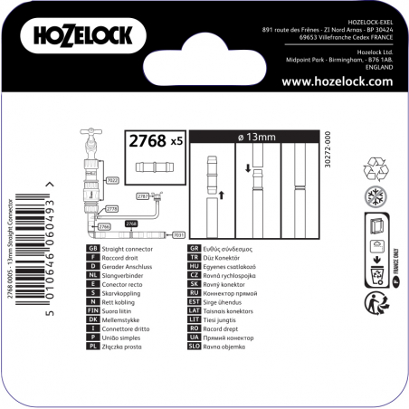 Raccord droit pour tuyau de diametre 13mm pour arrosage automatique - HOZELOCK