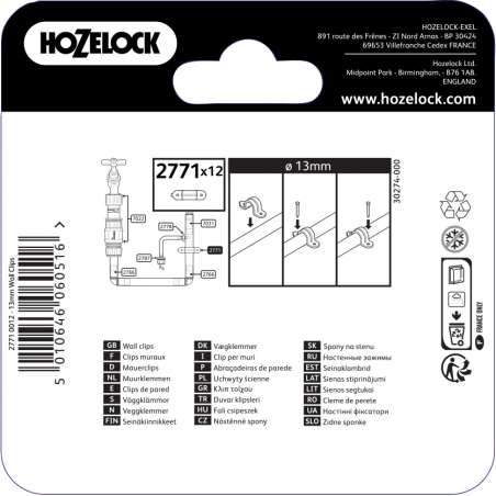 Colliers de fixation murale par 12 pour tuyau de diametre 13mm pour arrosage automatique - HOZELOCK