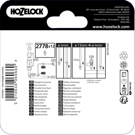 Raccord droit par 12 pour tuyau d'arrosage automatique de 4 mm - HOZELOCK