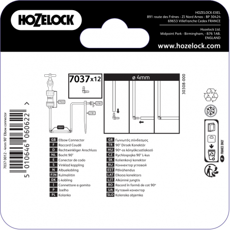 Raccord coudé 90 degres pour tuyau de diametre 4mm pour arrosage automatique - HOZELOCK