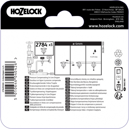 Goutteur à compensation de pression en ligne pour tuyau d'arrosage automatique de 4 mm - HOZELOCK