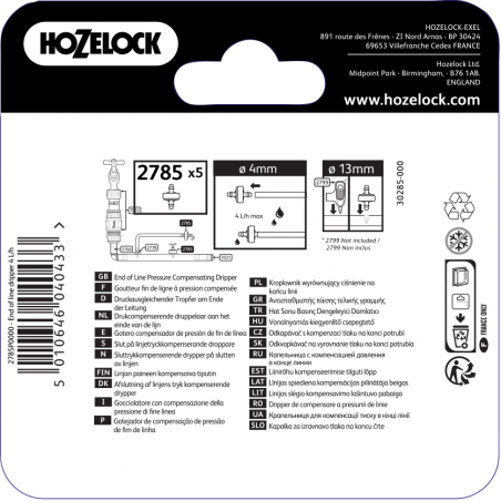 Goutteur à compensation de pression de fin de ligne pour tuyau d'arrosage automatique de 4 et 13 mm - HOZELOCK