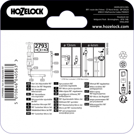 Arroseur Vari-jets reglables 90 degres pour tuyau d'arrosage automatique de 4 et 13 mm - HOZELOCK
