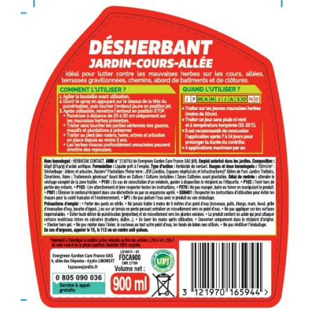 Désherbant jardin, cours, allées - prêt à l'emploi - Pulvérisateur de 900ML - FERTILIGENE - Agrément 0100032
