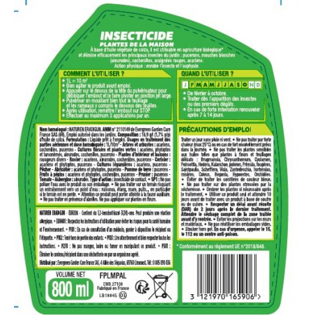 Insecticide plantes de la maison - Pulvérisateur de 800ML - FERTILIGENE - Agrément 0100032
