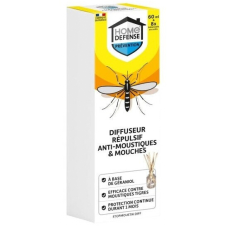 Anti-moustiques et anti-mouches - 1 diffuseur répulsif 60ml + 8 bâtonnets - HOME DEFENSE
